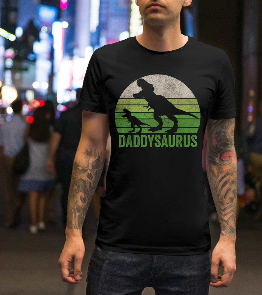 Funny Daddy Dinosaur Daddysaurus T-Rex Silhouette With Green Striped Circle T-Shirt
