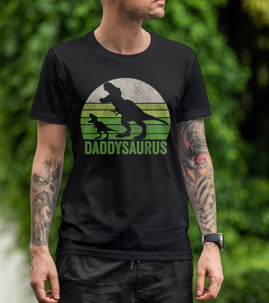 Funny Daddy Dinosaur Daddysaurus T-Rex Silhouette With Green Striped Circle T-Shirt