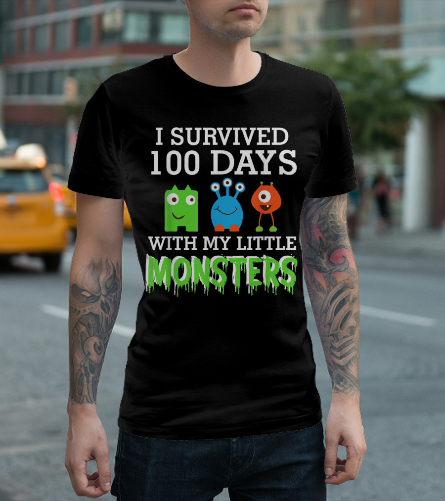 I Survived 100 Days With My Little Monsters Cute Cartoon Creatures T-Shirt