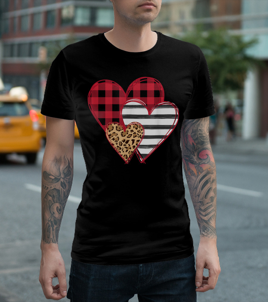 Striped Plaid Heart with Leopard Printed Splicing T-Shirt
