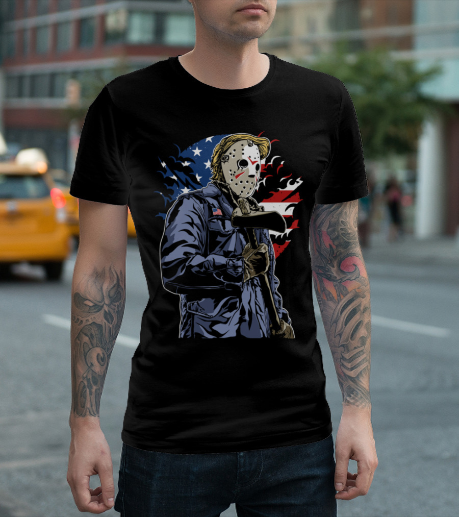 American Killer Jason Voorhees Michael Myers Crossover Horror Icon with Axe and USA Flag Background T-Shirt