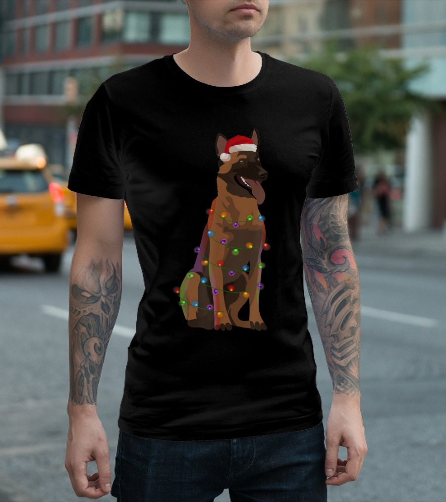 Belgian Malinois Christmas Lights Santa Hat Holiday Dog T-Shirt