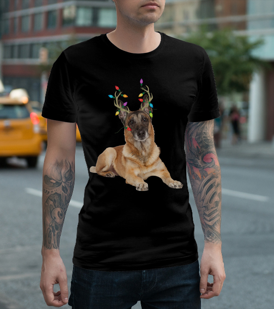Belgian Malinois Reindeer Christmas Dog with Colorful Antlers T-Shirt