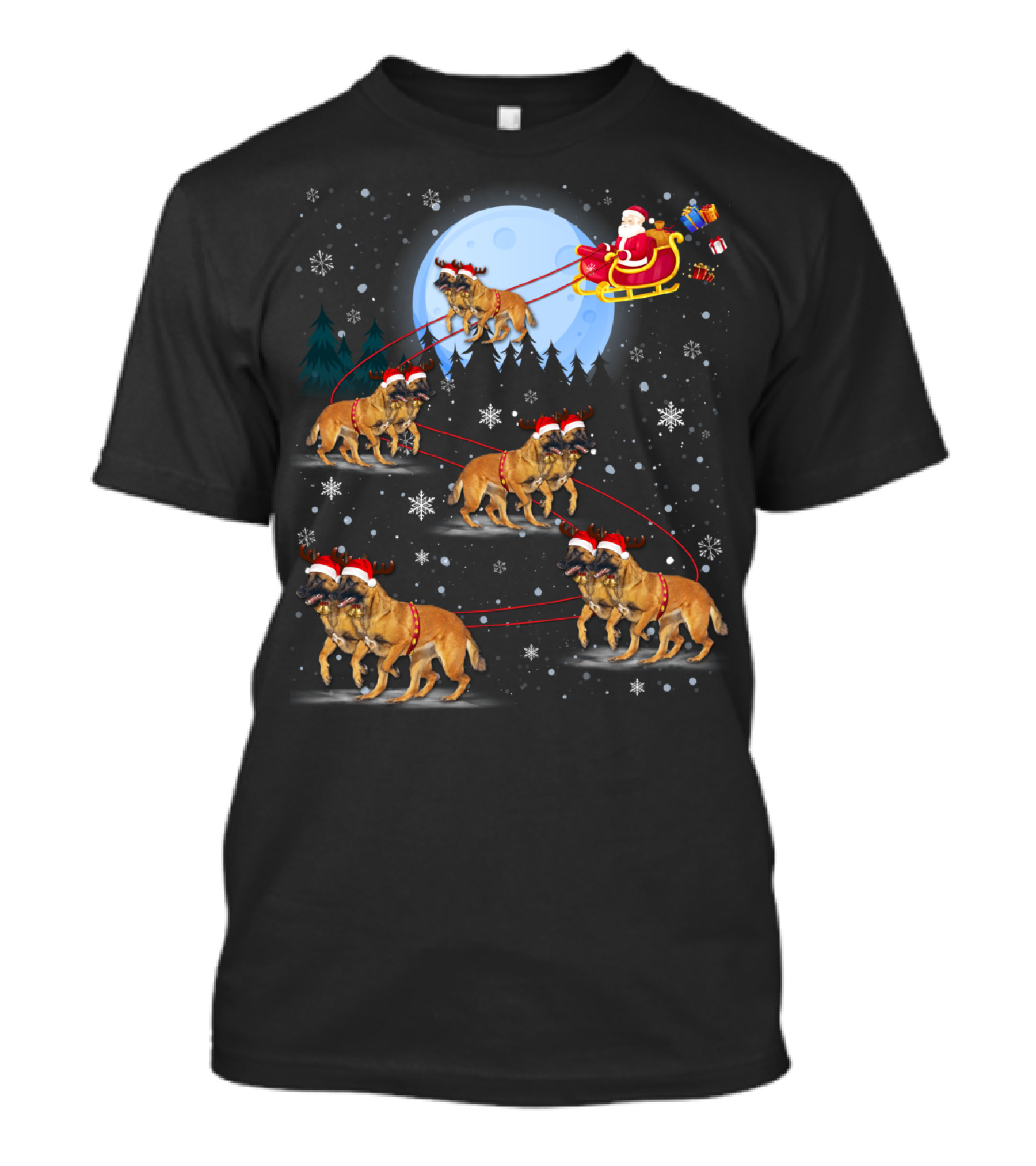 Belgian Malinois Reindeer Santa Under Full Moon Sleigh Ride T-Shirt