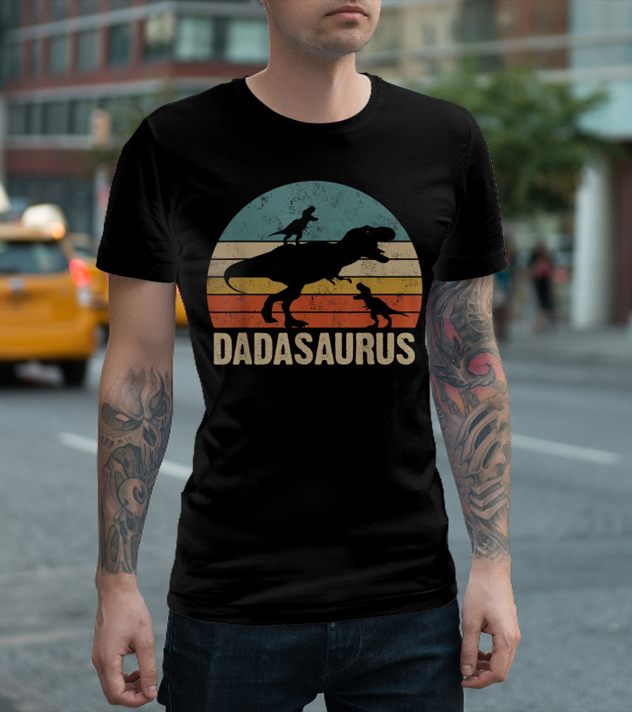 Dadasaurus Dinosaur T-Rex With Two Small Dinosaurs Retro Sunset T-Shirt