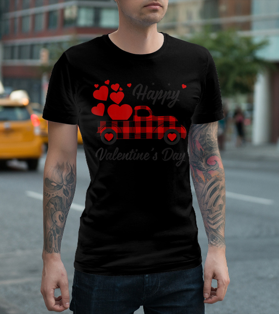 Happy Valentine's Day Buffalo Plaid Truck With Hearts T-Shirt