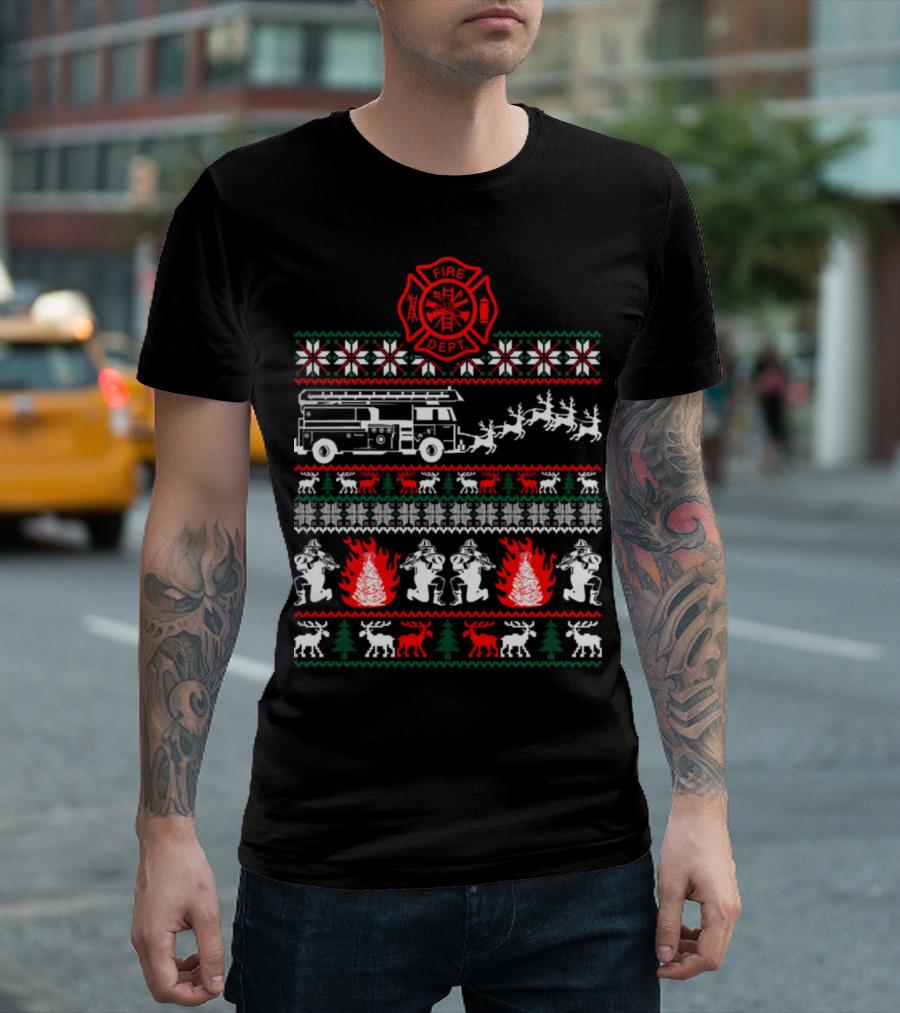 Fire Dept Fire Truck Reindeer Firefighter Christmas Ugly T-Shirt