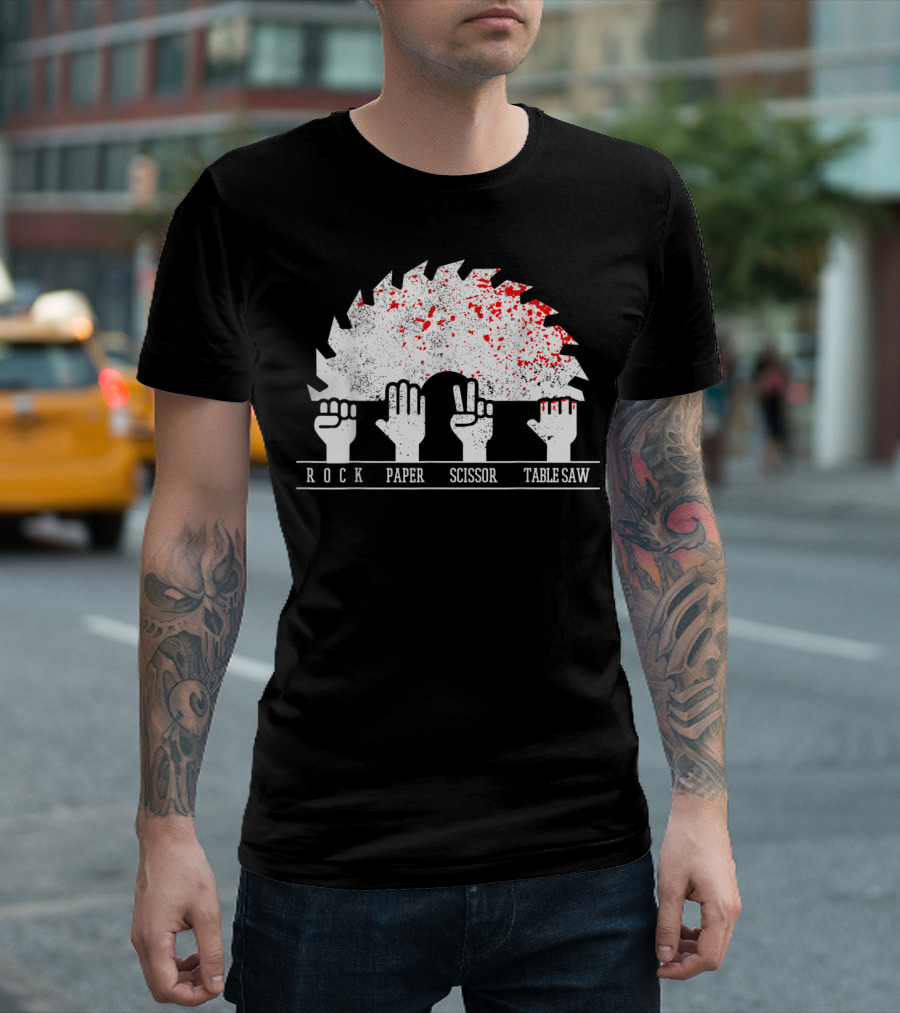 Mens Funny Carpenter Woodworker Rock Paper Scissor Table Saw T-Shirt