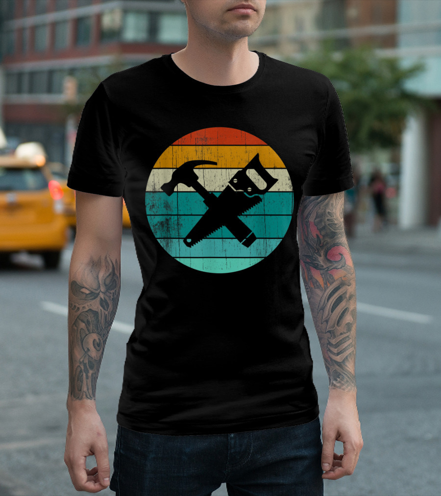 Retro Woodworking Carpentry Tools Hammer Saw Vintage Colors T-Shirt
