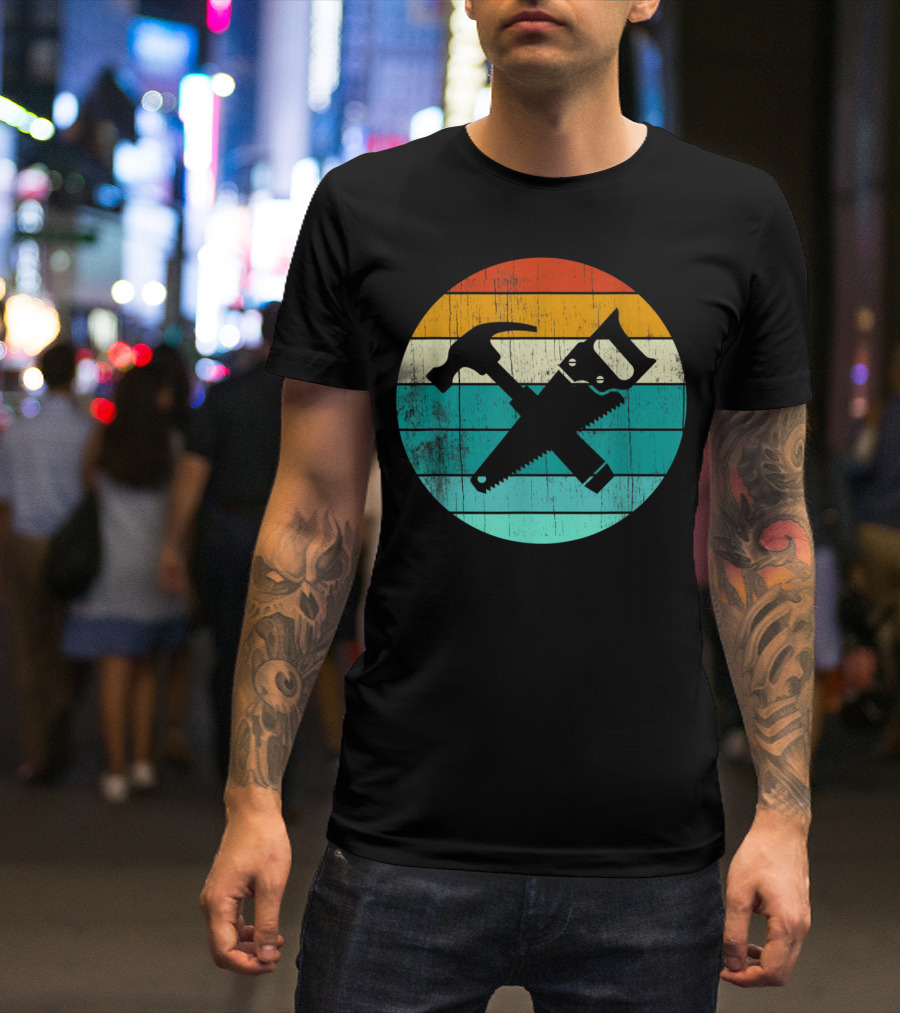 Retro Woodworking Carpentry Tools Hammer Saw Vintage Colors T-Shirt