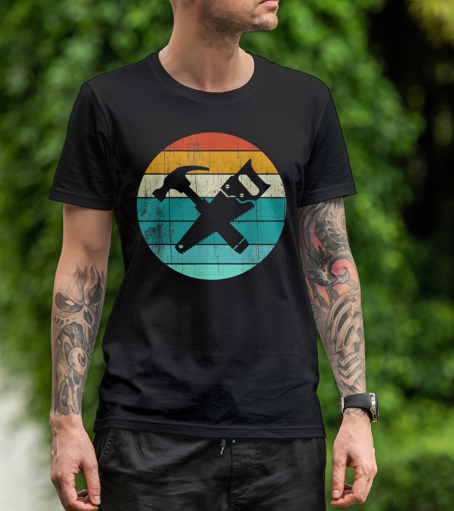 Retro Woodworking Carpentry Tools Hammer Saw Vintage Colors T-Shirt