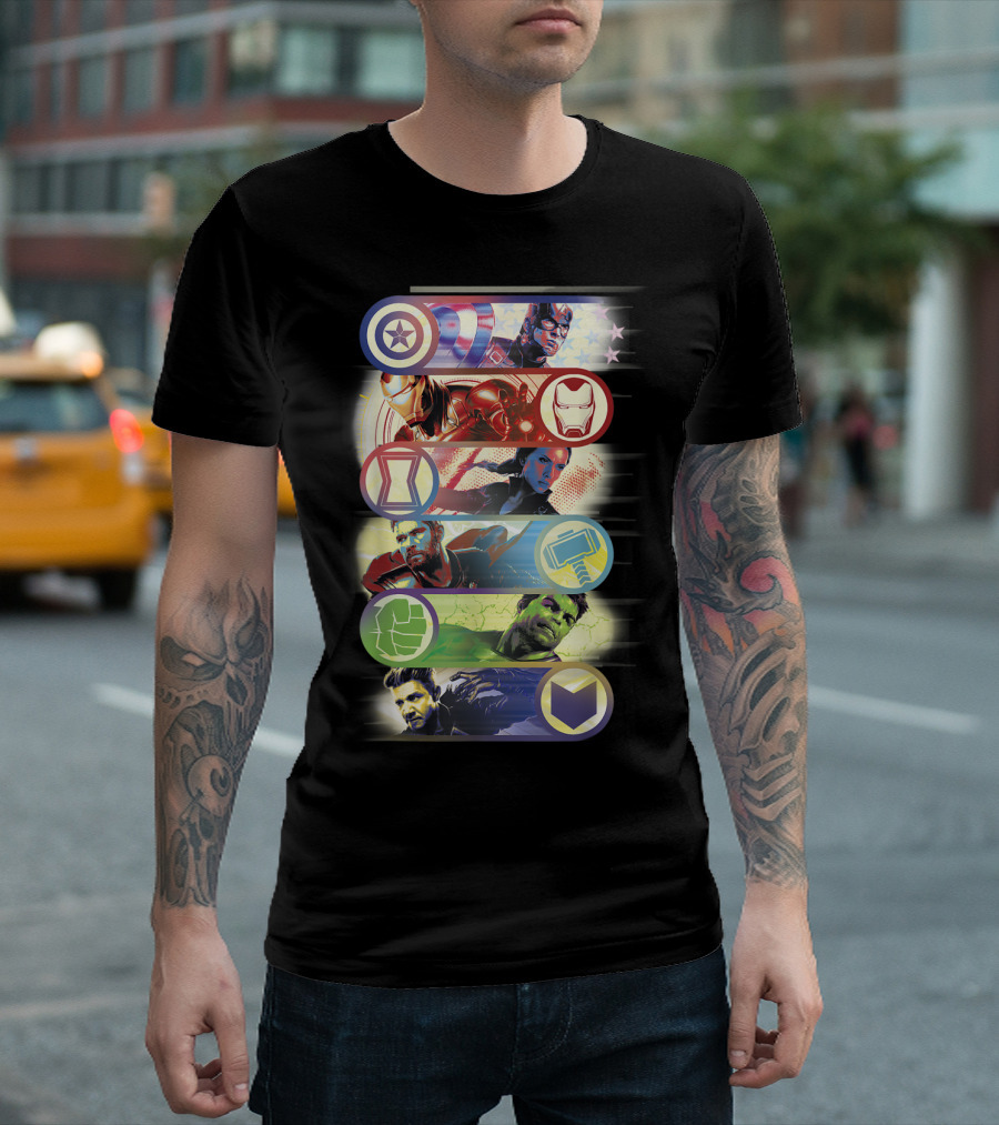 Avengers Endgame Captain Iron Man Black Widow Thor Hulk Hawkeye Hero Symbol Colorful Group T-Shirt
