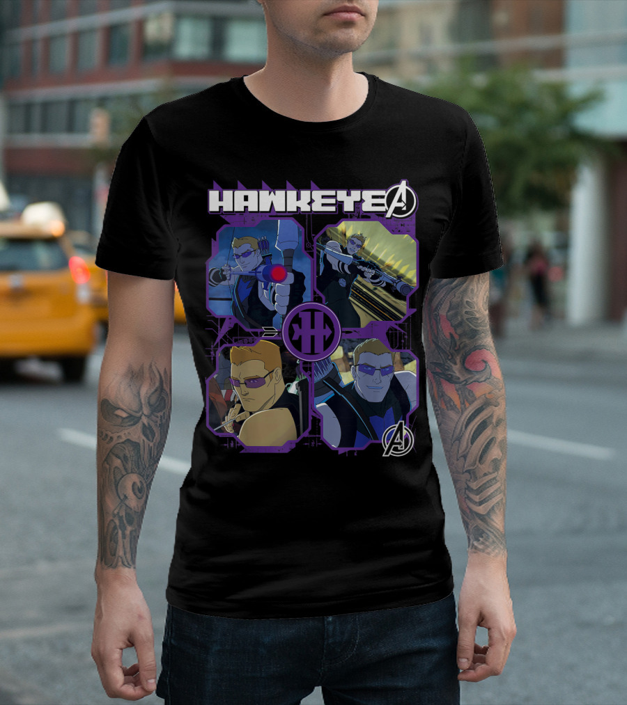 Hawkeye Avengers Assemble Four Square Comic Style Action Panels T-Shirt