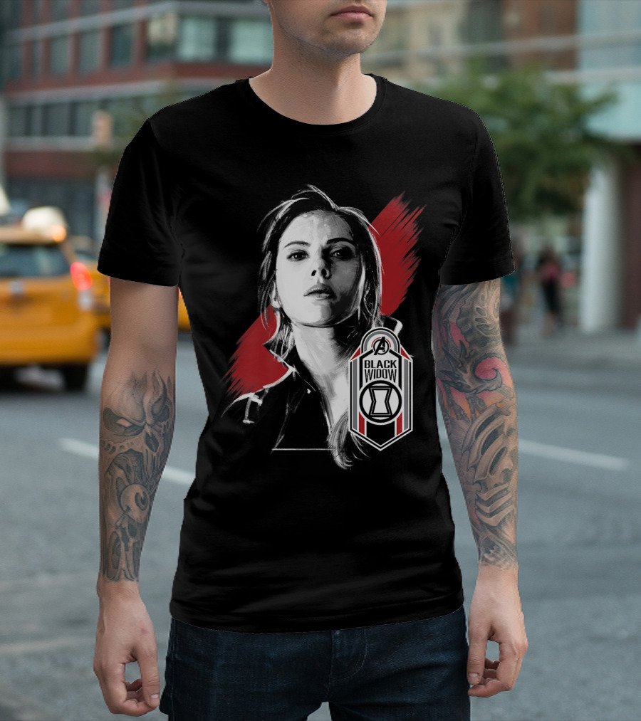 Avengers Endgame Black Widow Portrait with Red Brush Stroke and Logo Tag T-Shirt