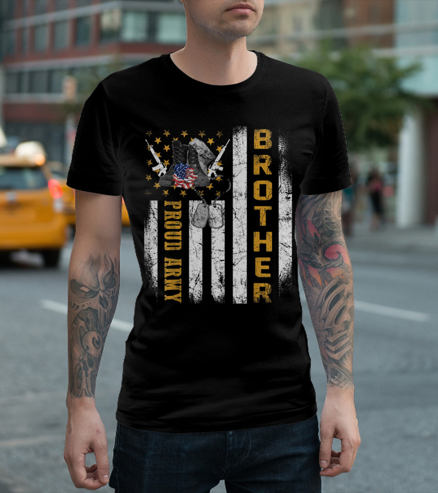 Proud Army Brother Military Pride Dog Tags Rifle Boots Flag Stars T-Shirt