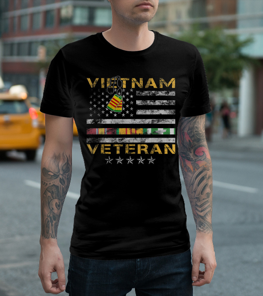 Vietnam Veteran American Flag Vietnam Veteran Dog Tags Stars T-Shirt