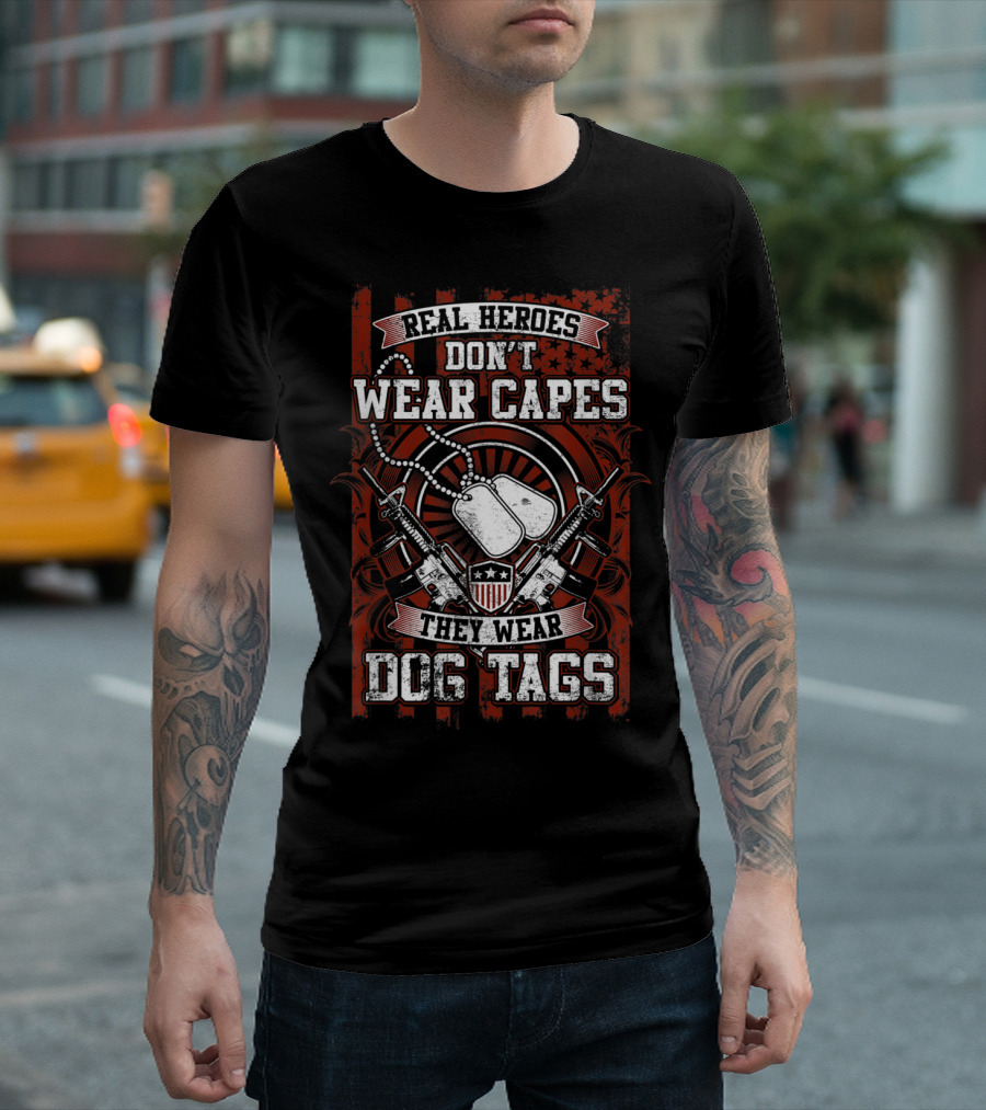 Real Heroes Don't Wear Capes They Wear Dog Tags Vintage Military T-Shirt