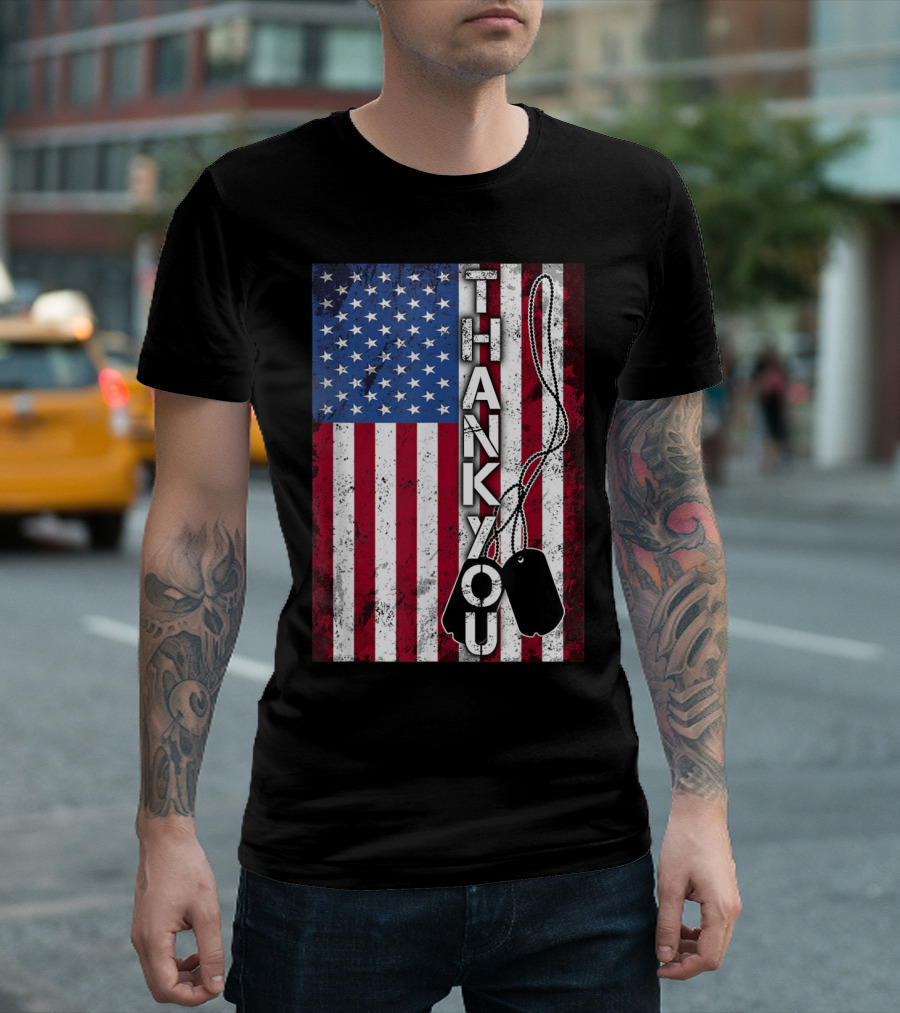 Thank You American Flag Patriotic Veterans Military Dog Tags T-Shirt