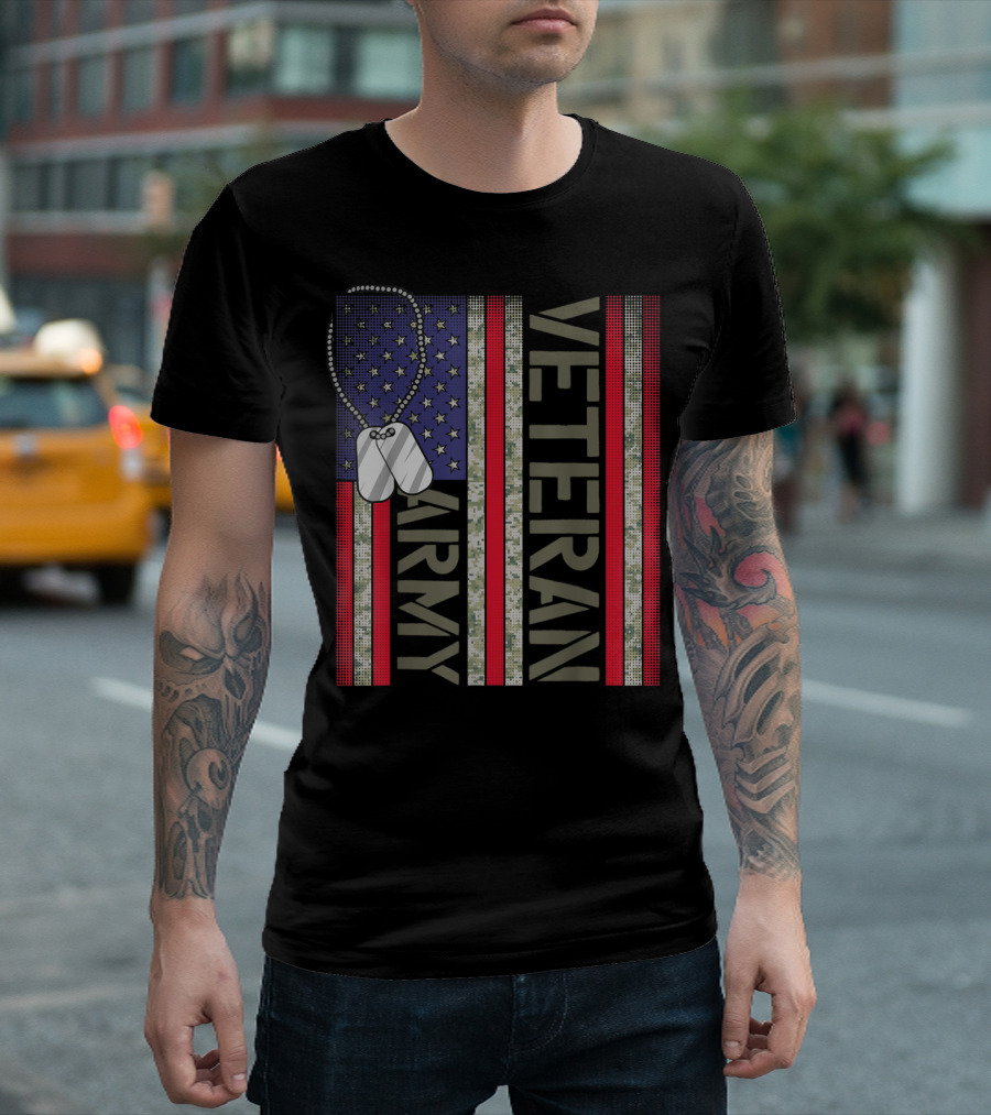 Veteran Army American Flag Camouflage Dog Tags T-Shirt