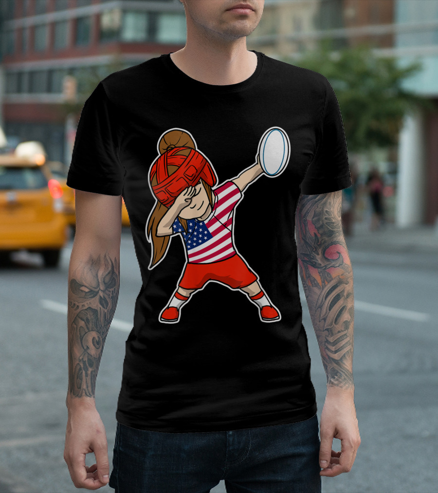 United States Rugby Dabbing Jersey Girl With American Flag Top T-Shirt