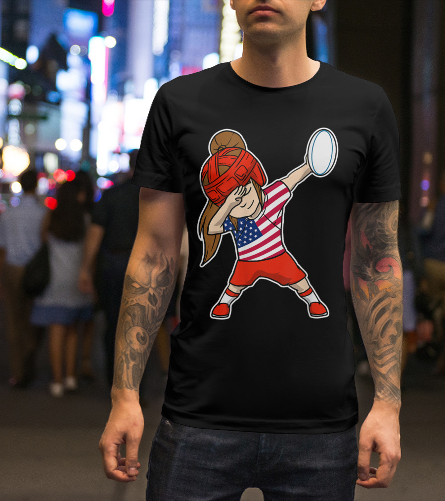 United States Rugby Dabbing Jersey Girl With American Flag Top T-Shirt
