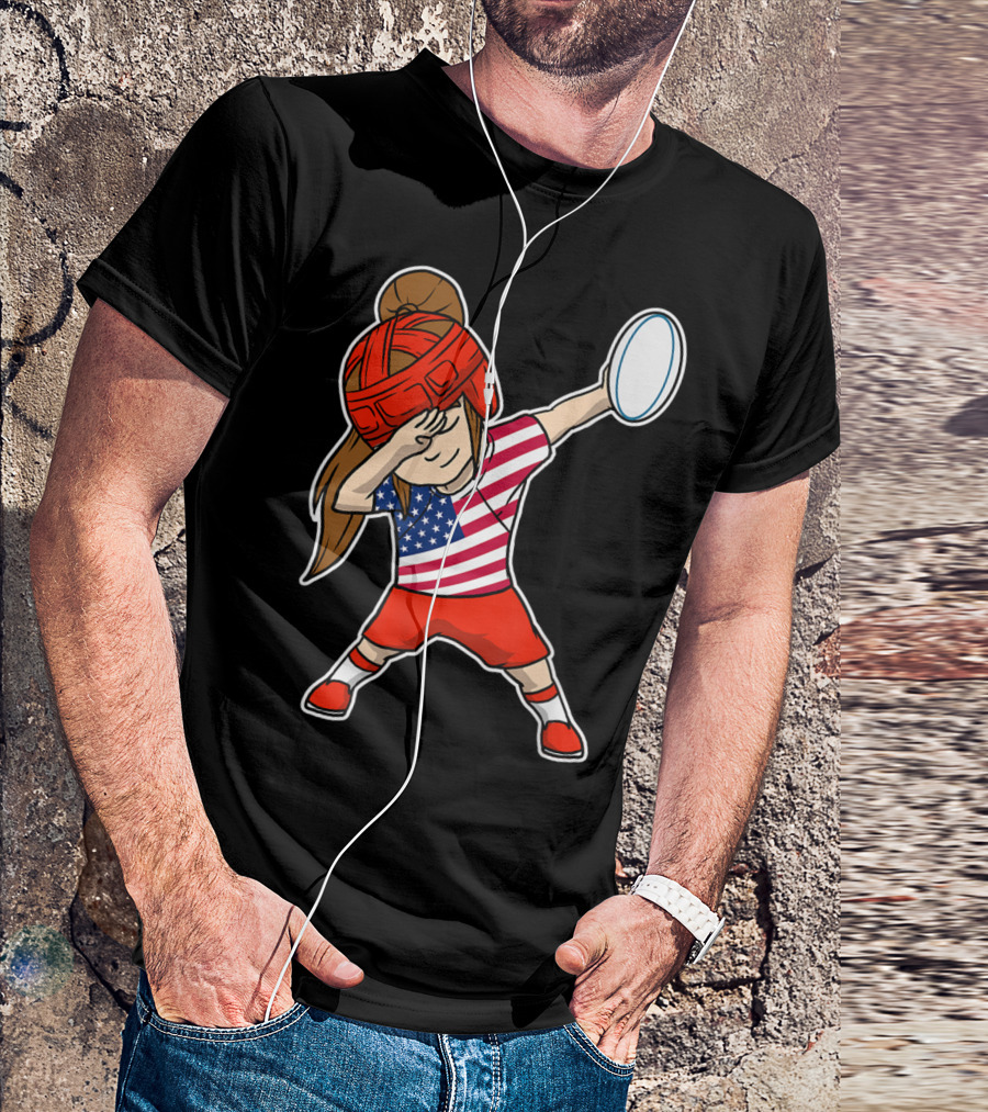 United States Rugby Dabbing Jersey Girl With American Flag Top T-Shirt