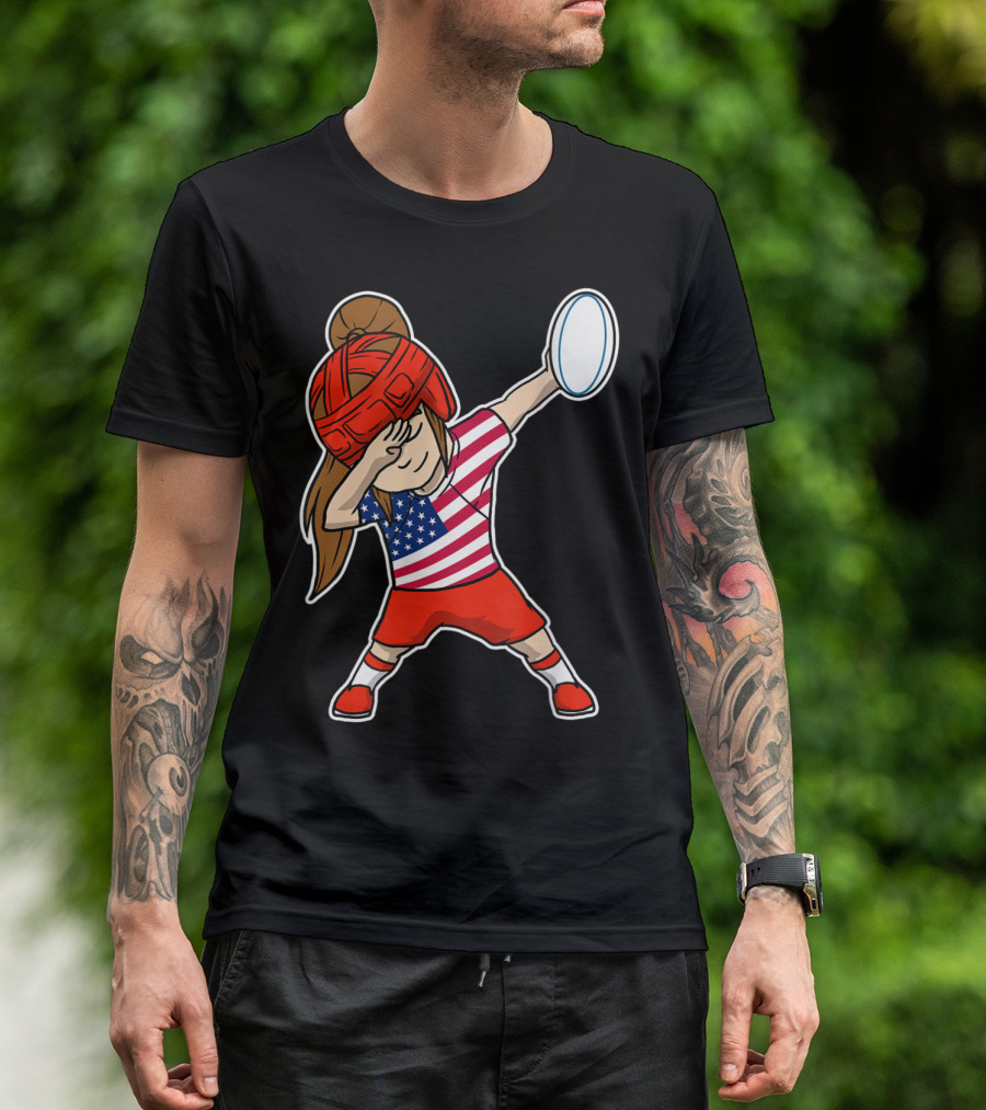 United States Rugby Dabbing Jersey Girl With American Flag Top T-Shirt