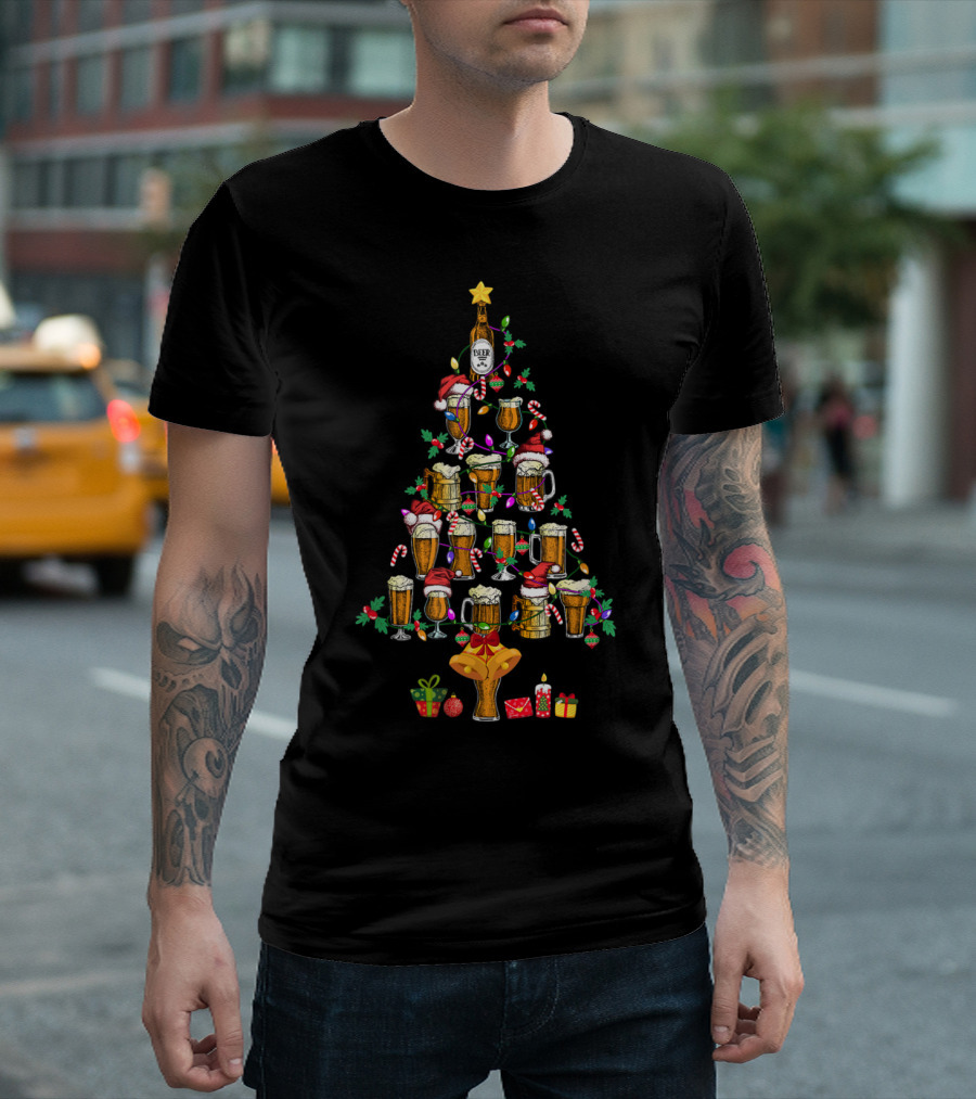Drinking Beer Christmas Tree with Santa Hats and Holiday Decorations T-Shirt
