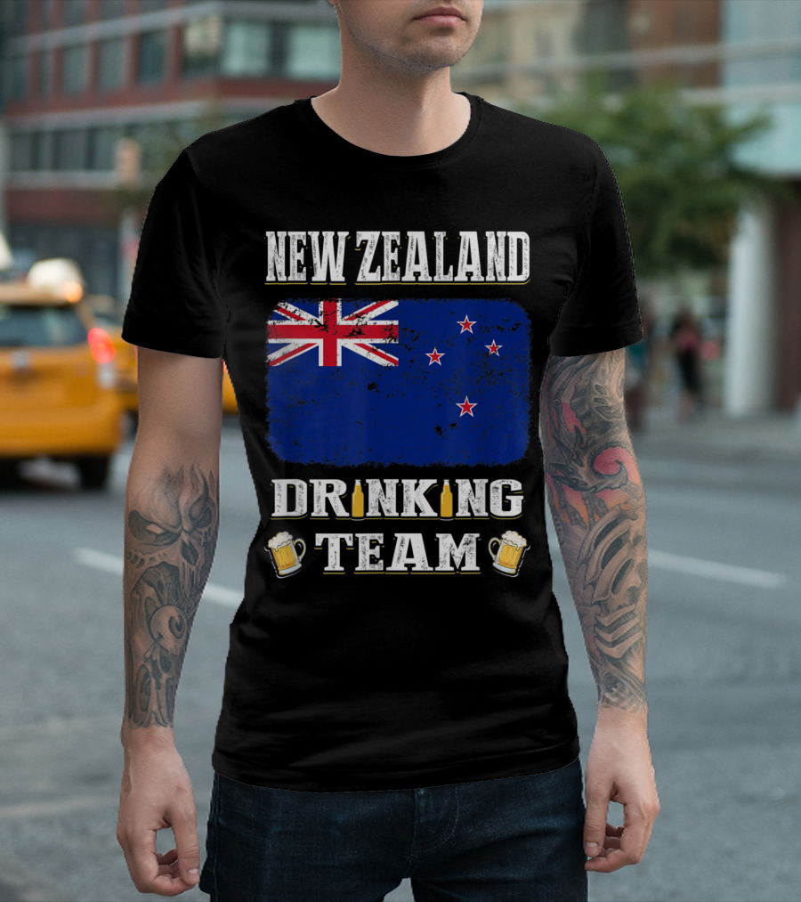 New Zealand Drinking Team Funny Beer with Flag and Beer Mugs T-Shirt