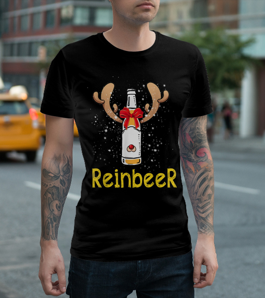 Reinbeer Bottle Antlers Red Nose Snowflakes T-Shirt