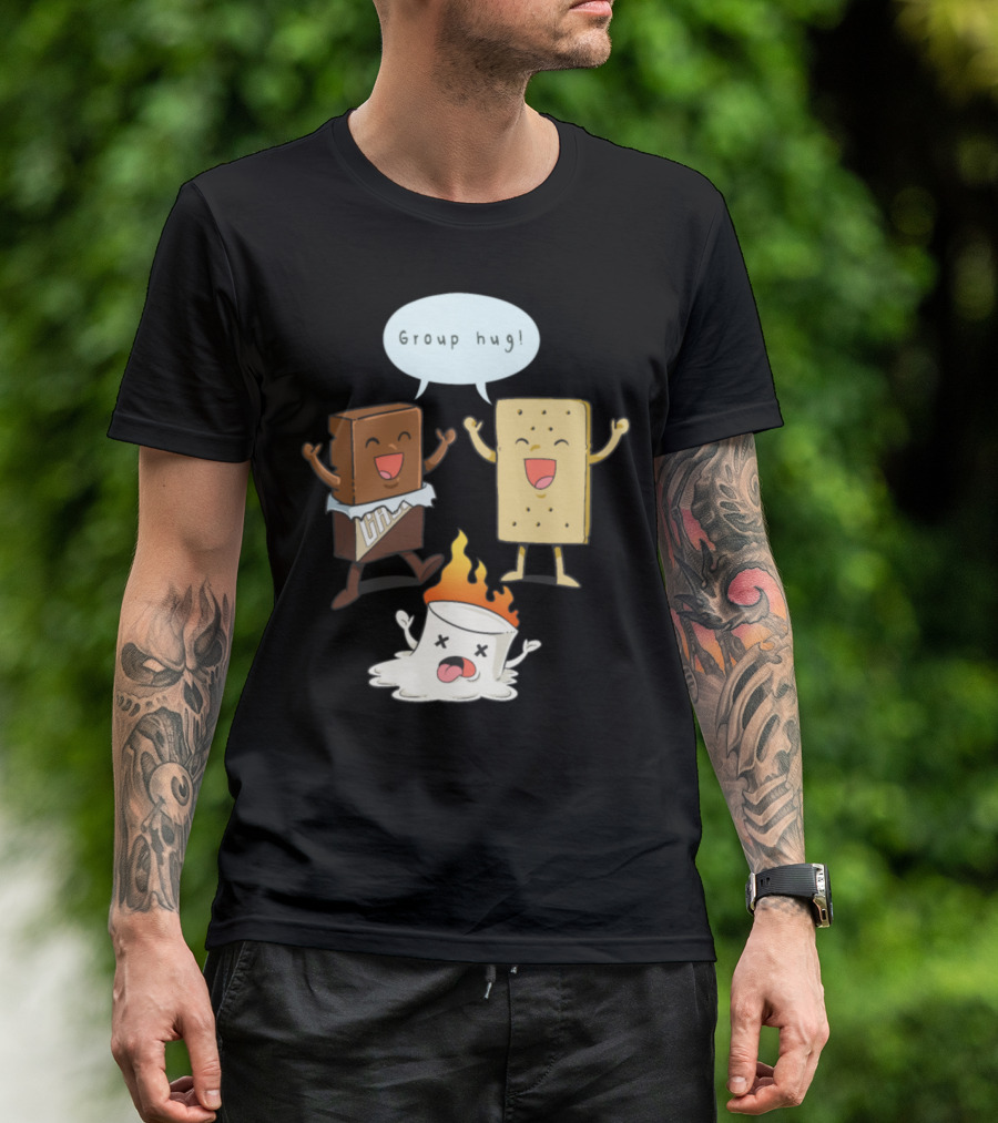 Camping Print Camp Funny Group Hug S'mores Characters Marshmallow Chocolate Graham Cracker T-Shirt