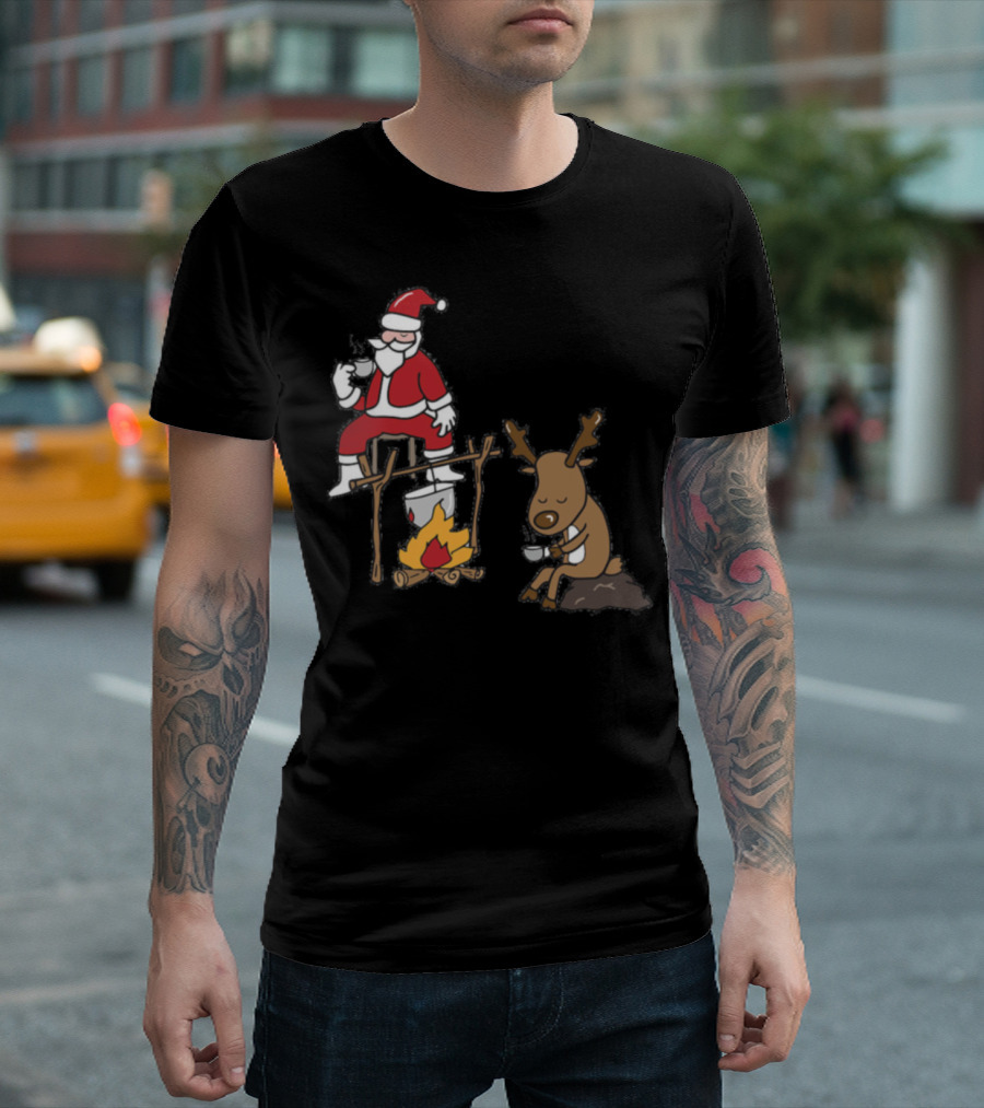 Camping Santa and Reindeer by the Fire T-Shirt