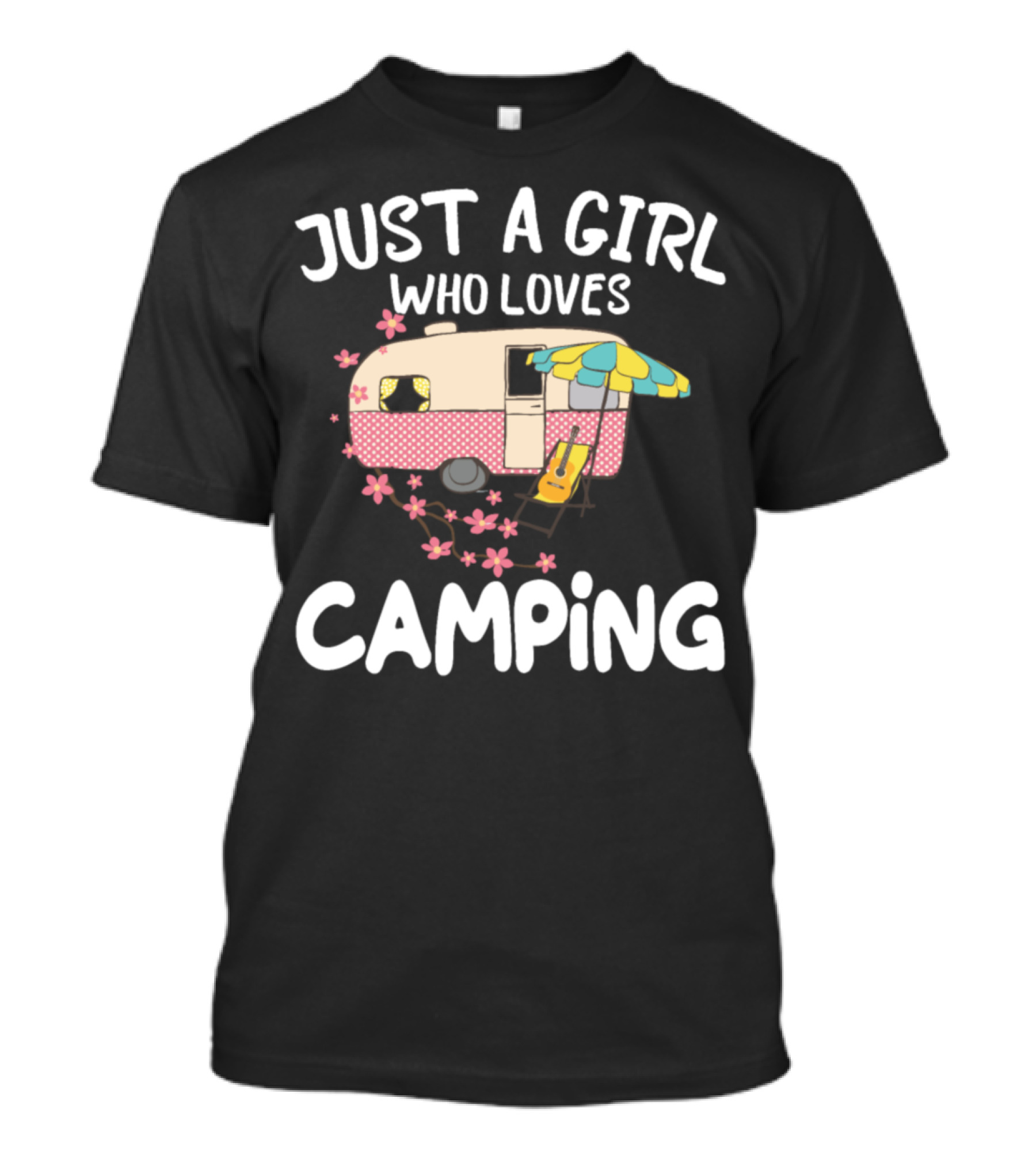 Just A Girl Who Loves Camping Vintage Trailer Guitar Flower Decor T-Shirt