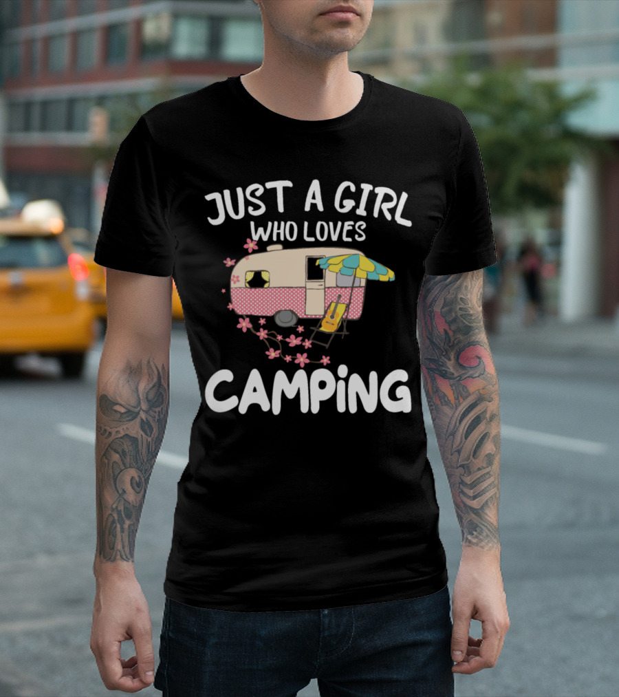Just A Girl Who Loves Camping Vintage Trailer Guitar Flower Decor T-Shirt