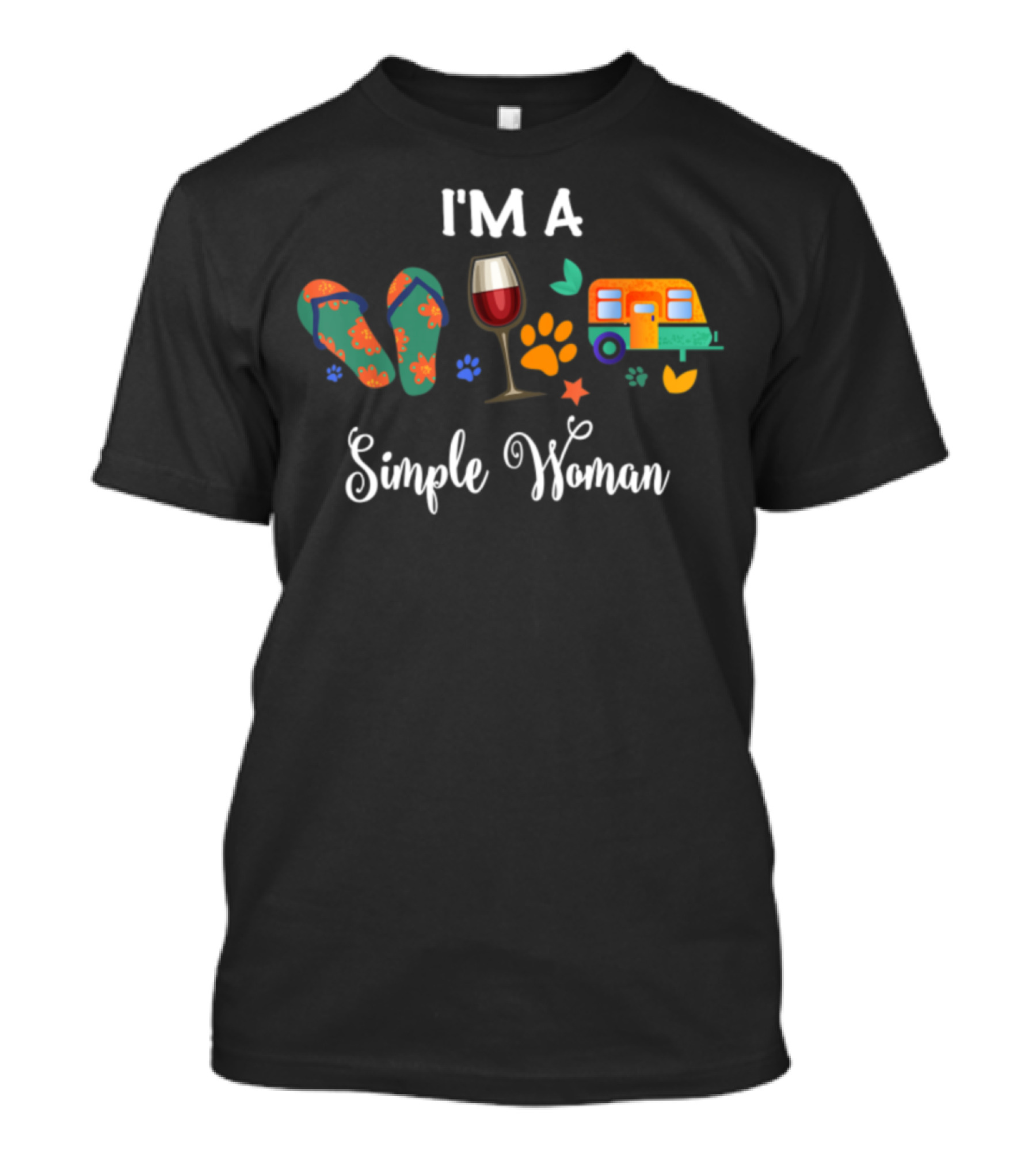 I'M A Simple Woman Flip Flop Wine Camper Paw Prints T-Shirt