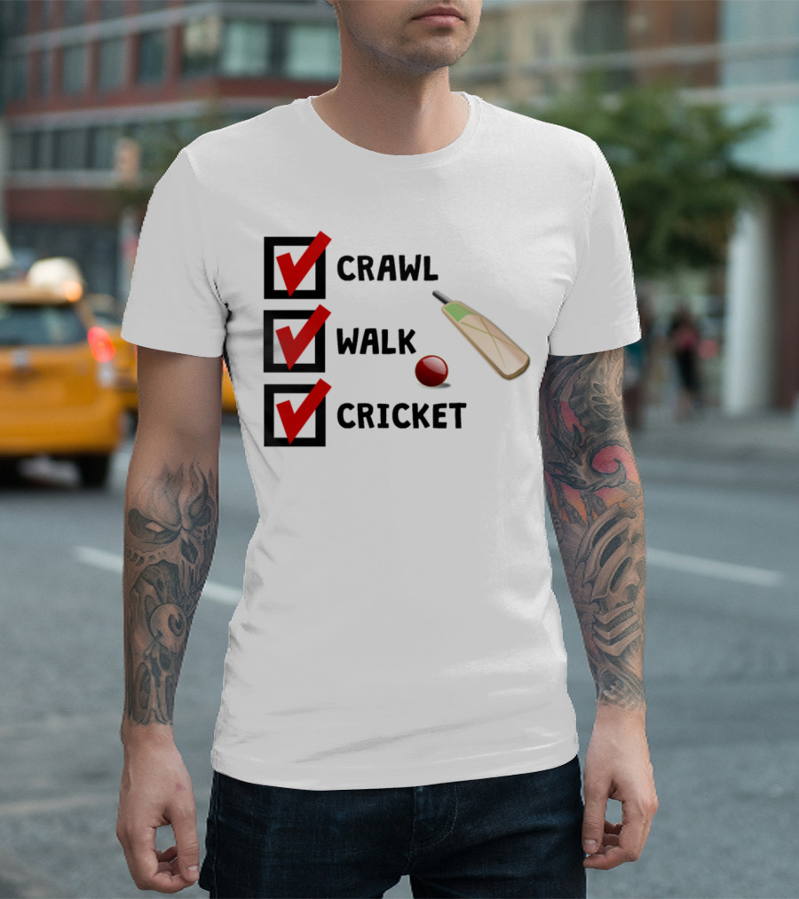 Crawl Walk Cricket Bat Ball Checklist T-Shirt