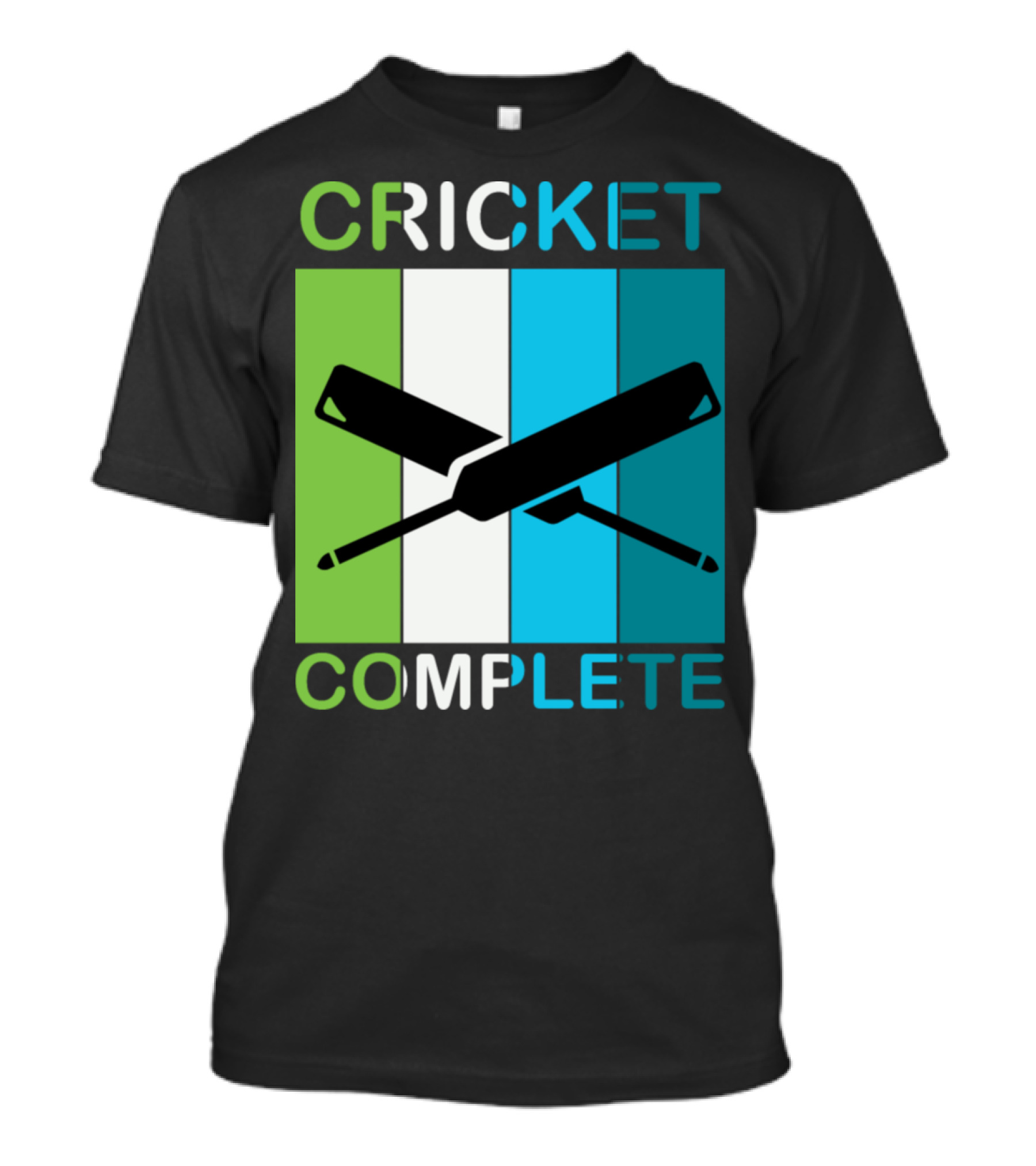 CRICKET COMPLETE Bat And Stumps Icon Green Blue White Stripes T-Shirt