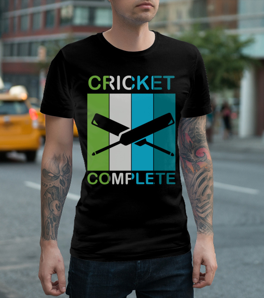 CRICKET COMPLETE Bat And Stumps Icon Green Blue White Stripes T-Shirt