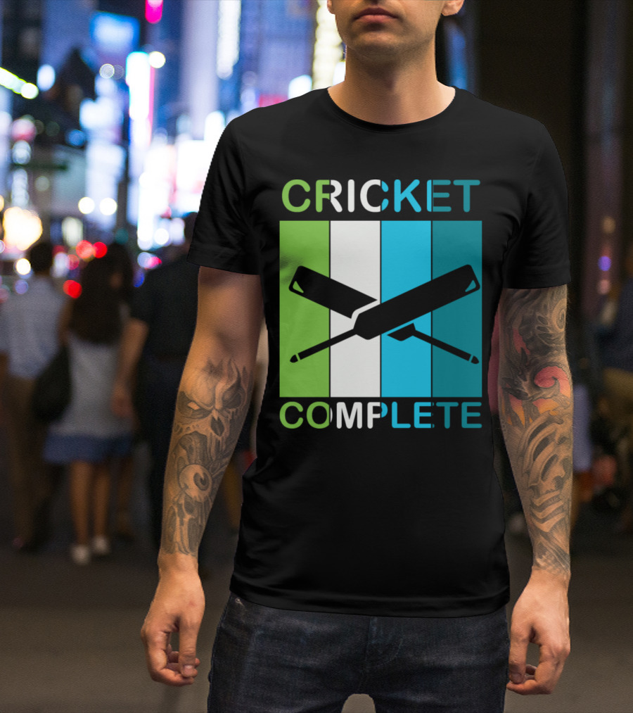 CRICKET COMPLETE Bat And Stumps Icon Green Blue White Stripes T-Shirt