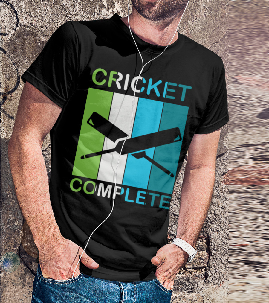 CRICKET COMPLETE Bat And Stumps Icon Green Blue White Stripes T-Shirt