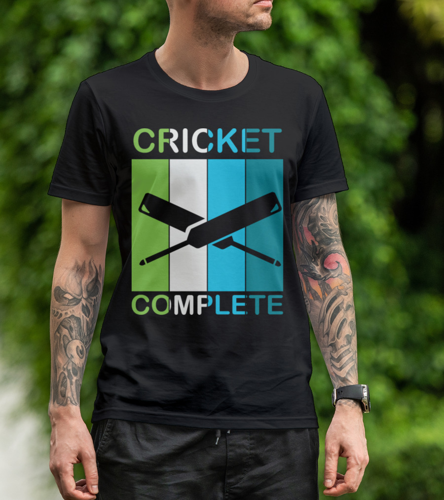 CRICKET COMPLETE Bat And Stumps Icon Green Blue White Stripes T-Shirt