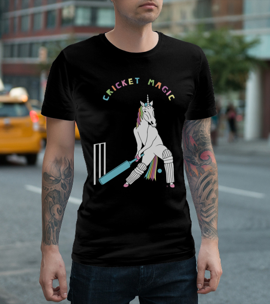 Cricket Magic Unicorn Playing Colorful Batting Outline T-Shirt
