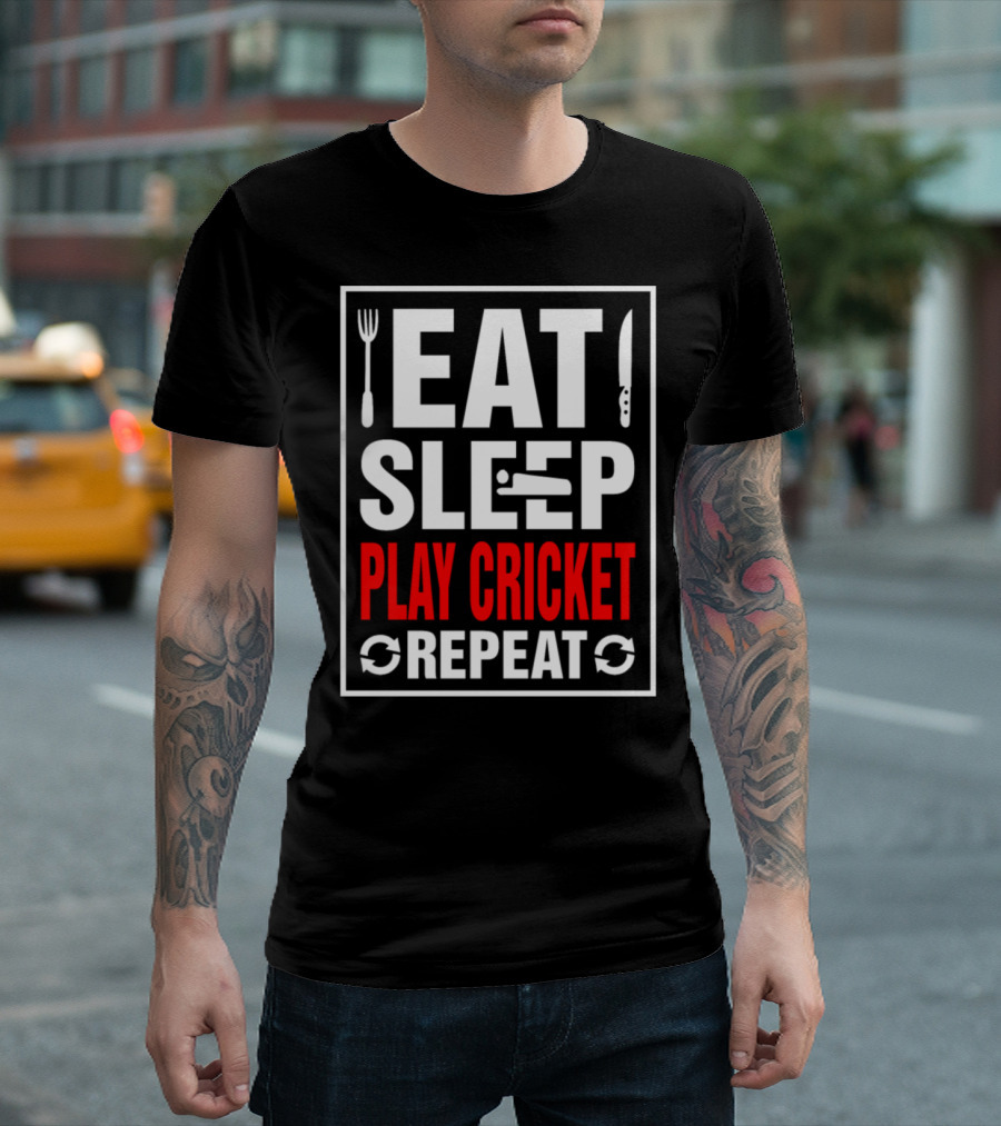 Eat Sleep Play Cricket Repeat Fork Knife Icons T-Shirt
