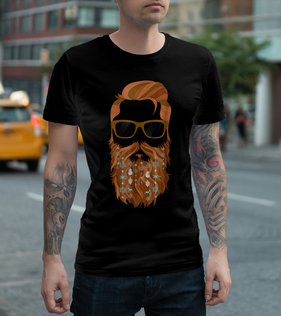 Mens Christmas Beard Decoration Snowman Ornaments Ginger Hair Sunglasses T-Shirt