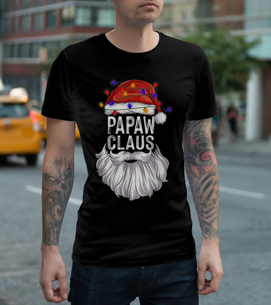 Papaw Claus Santa Hat Funny Christmas Beard Lights T-Shirt