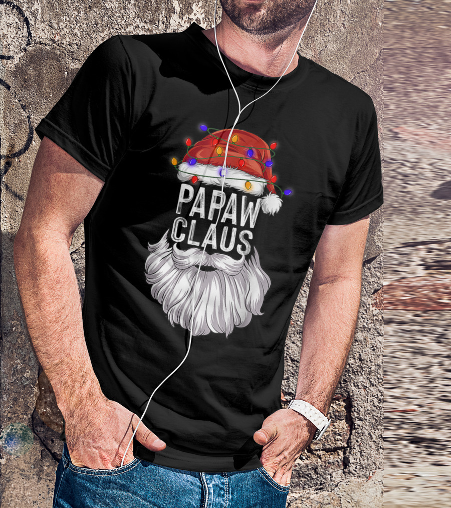 Papaw Claus Santa Hat Funny Christmas Beard Lights T-Shirt