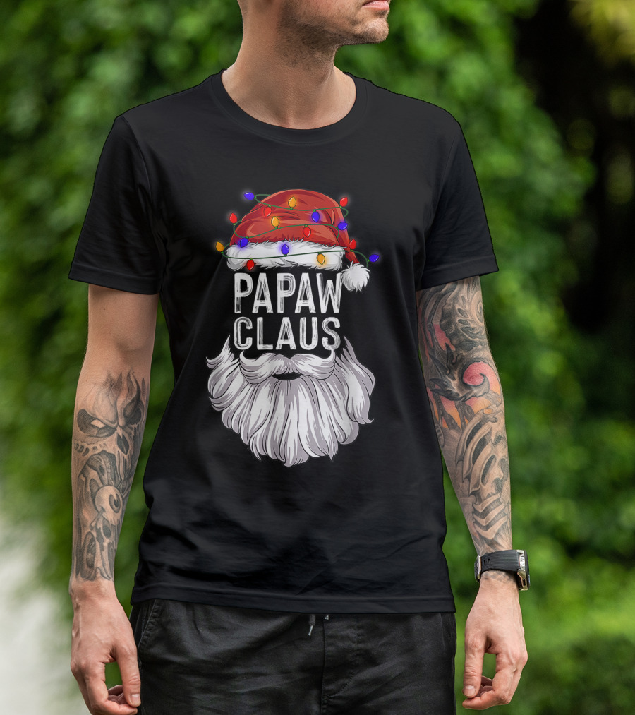 Papaw Claus Santa Hat Funny Christmas Beard Lights T-Shirt