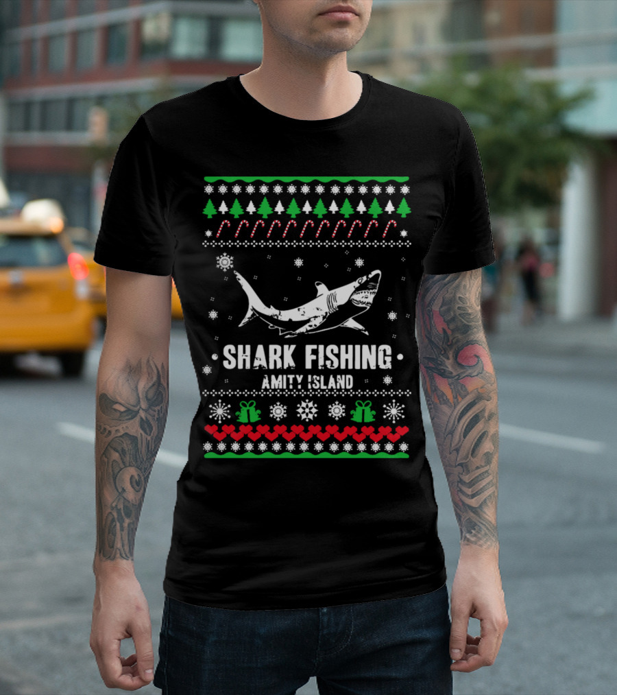 Shark Fishing Amity Island Christmas Ugly T-Shirt