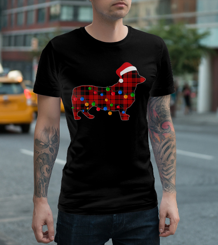 Corgi Red Plaid Christmas Santa Hat Festive Lights T-Shirt