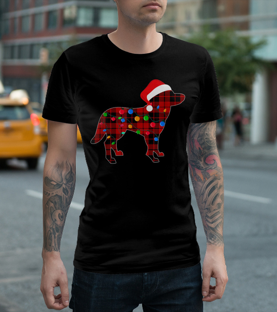 Red Plaid Siberian Husky Christmas Lights Santa Hat T-Shirt